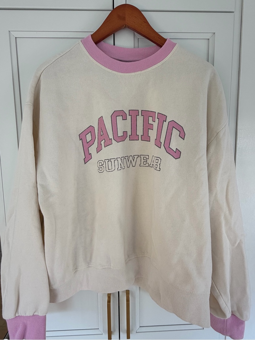 Pacific Sunwear Cream Crewneck with Pink Trim and PACIFIC Logo